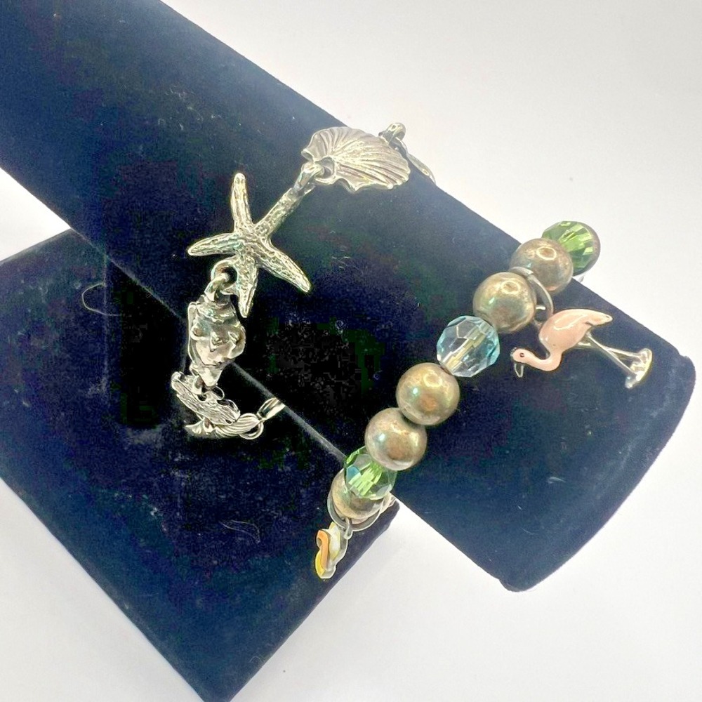 Beachy Charm Bracelet Set – Flamingo PalmTree Silver‎ Sea Shell Starfish
